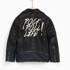 Zara Kids Rock and Roll Life Faux Leather Distressed Black Moto Jacket